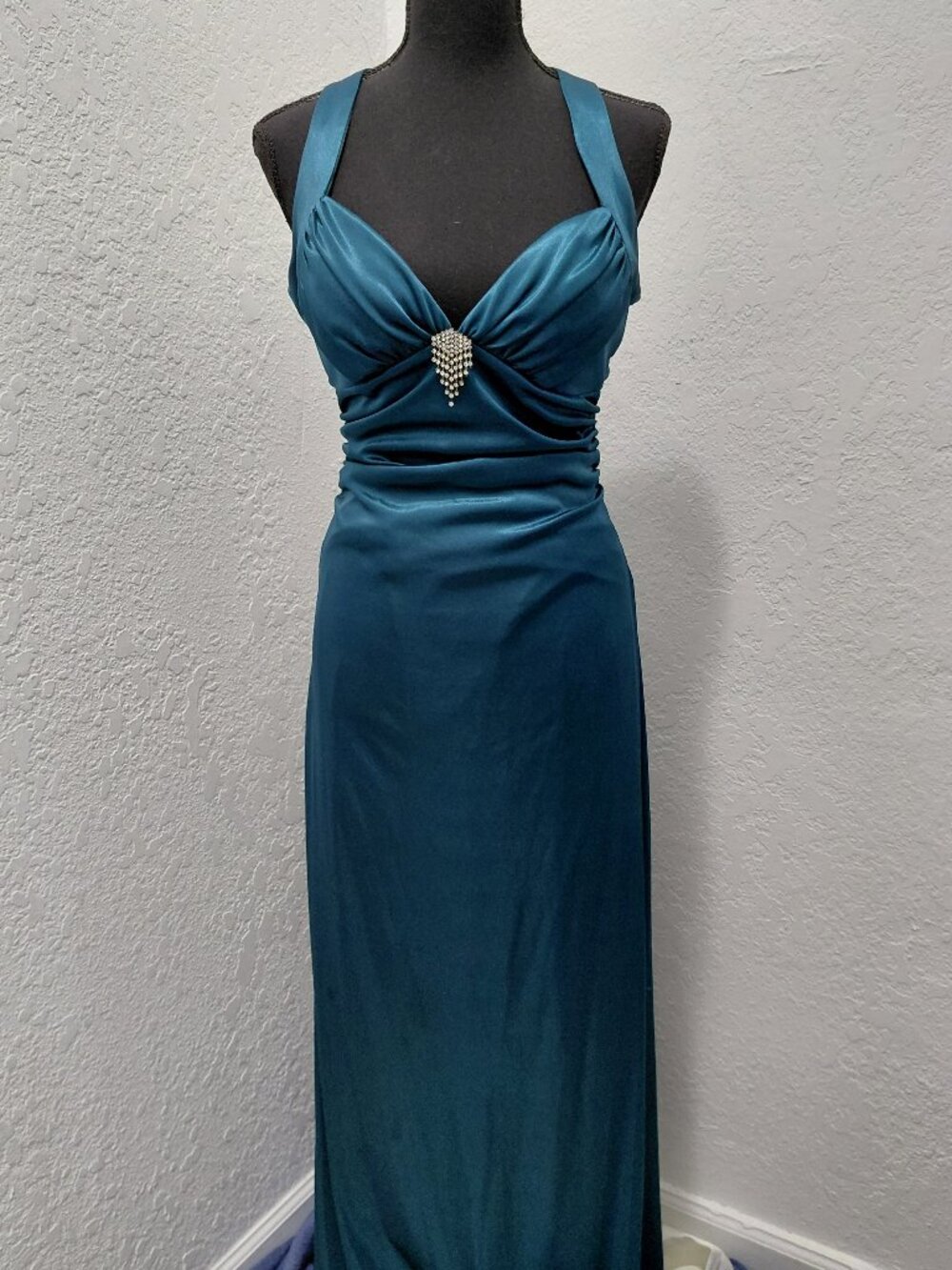Vintage Y2K Morgan & Co. teal satin halter evening gown